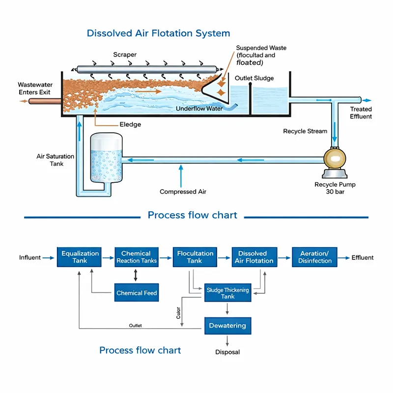 dissolved-air-flotation-machine-core-components Complete dissolved air flotation machine with core components including pressure pump, saturation system and mechanical scraper