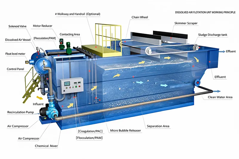 daf-machine-working-principle-diagram Working principle of DAF machine - microbubbles attach to wastewater contaminants and float to the surface