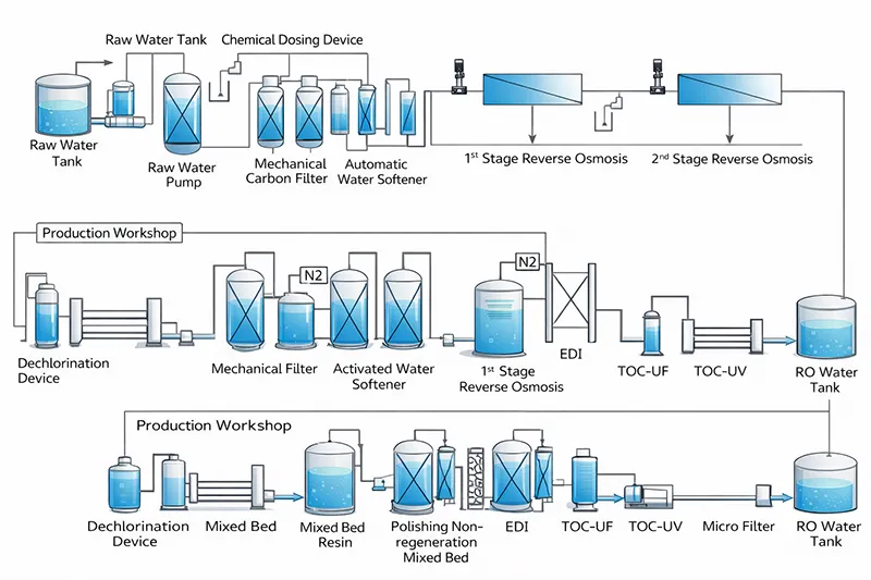 Industrial water treatment process flow diagram showing raw water purification to RO water, including chemical dosing, filtration, softening, reverse osmosis, mixed bed, EDI, TOC-UV